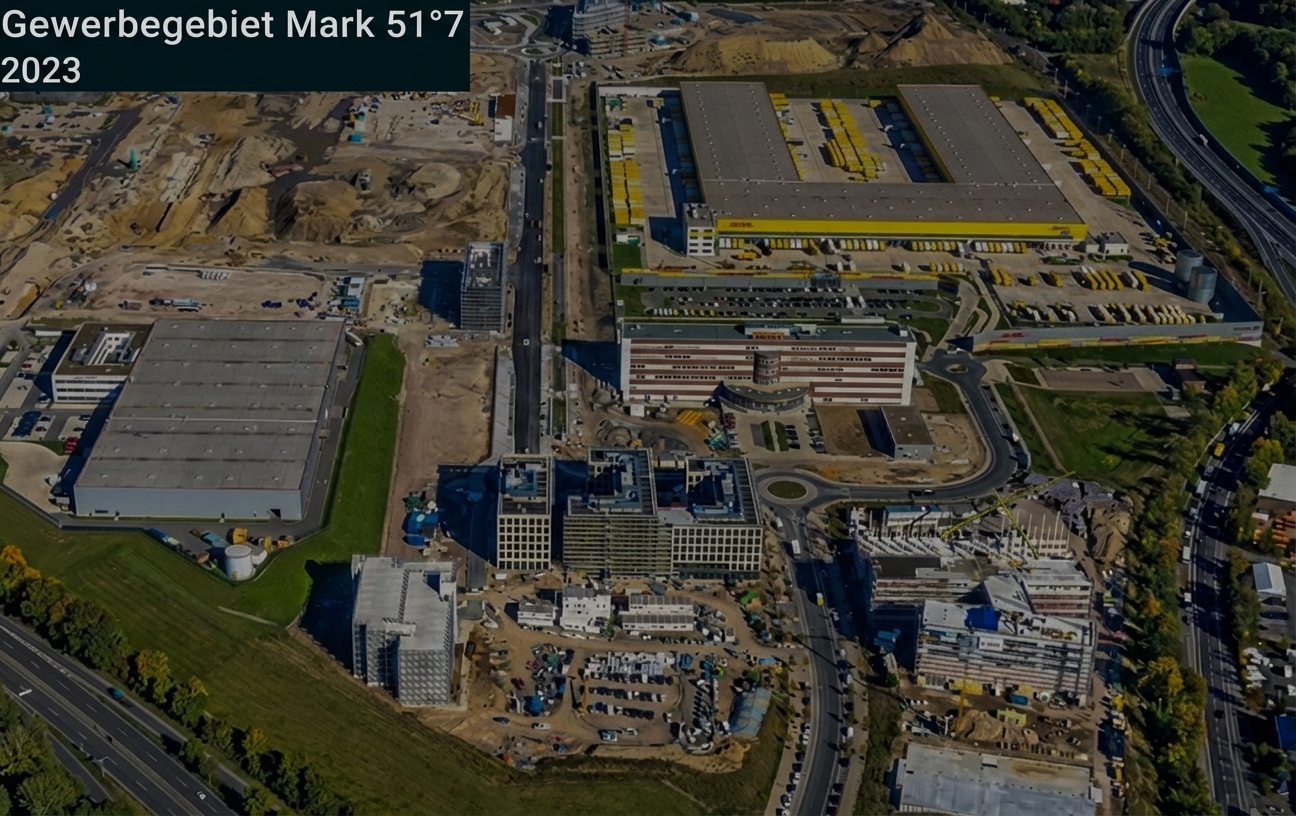 Luftaufnahme eines Gewerbegebiets mit Lagerhallen, Baustellen und Straßen